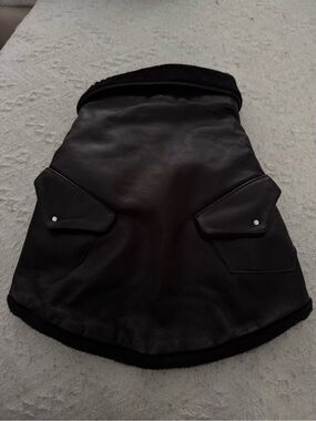 Black Faux Leather Shearling-Trim Dog Coat with Studded Rhinestones